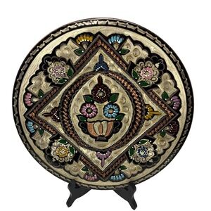 Turkish Enamel On Copper Hanging Plate Tray HandPainted Floral Design #BOHO 11”